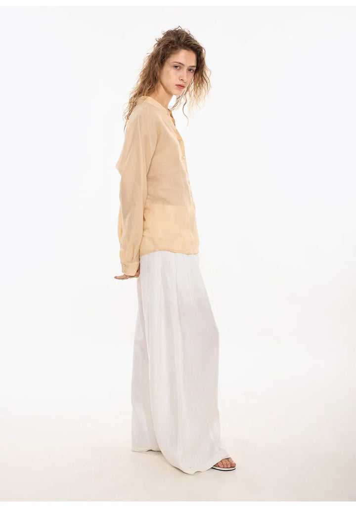 Morgan & Brooke | Natural Collarless V-Neck Linen Shirt