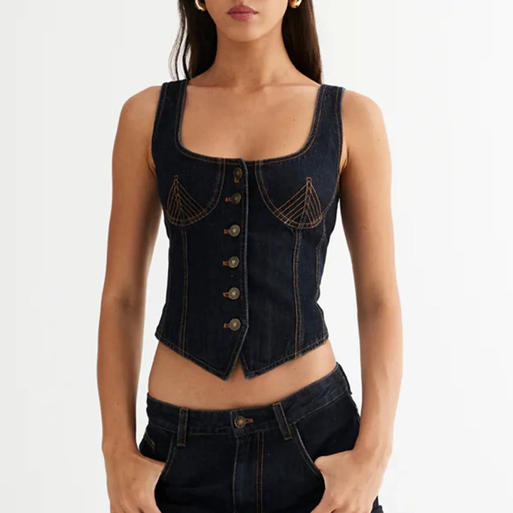 Morgan & Brooke | Indigo Cropped Button-Up Denim Vest
