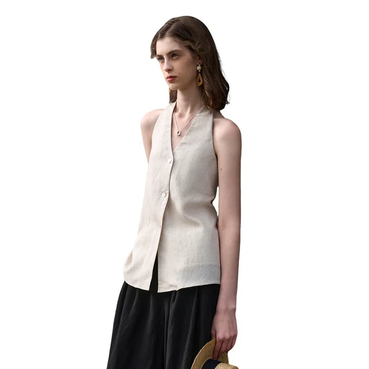 Morgan & Brooke | Natural Halter-Neck Waistcoat Cut Linen Top