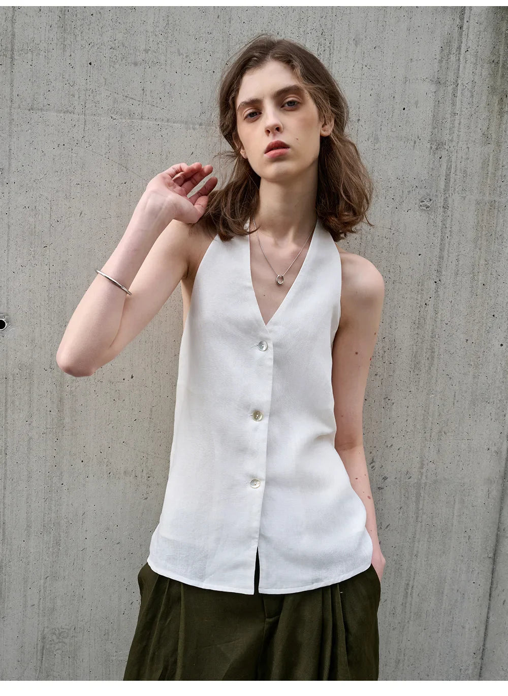 Morgan & Brooke | Natural Halter-Neck Waistcoat Cut Linen Top