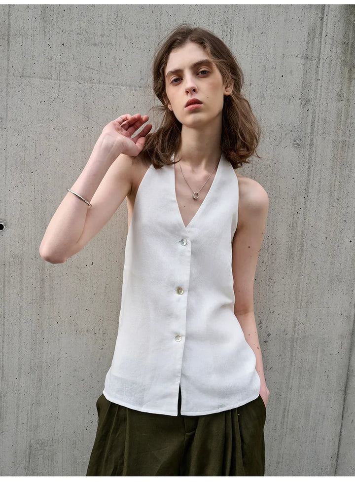 Morgan & Brooke | Natural Halter-Neck Waistcoat Cut Linen Top