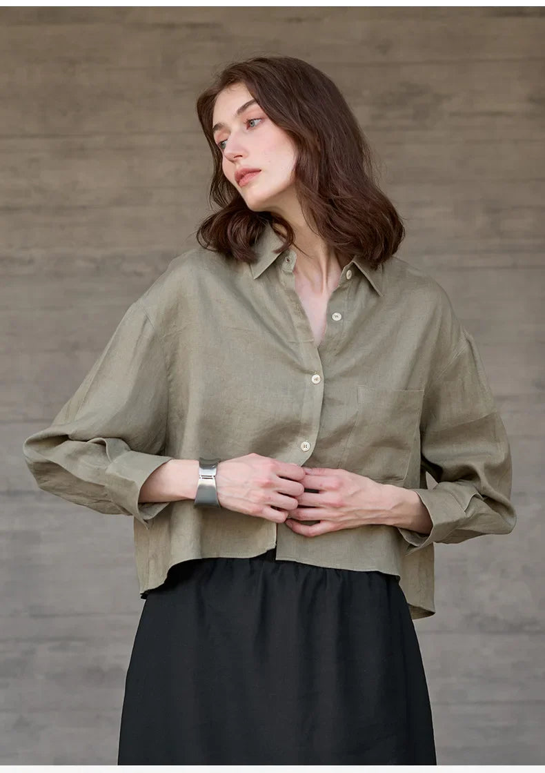 Morgan & Brooke | Cropped Long-Sleeve Linen Shirt