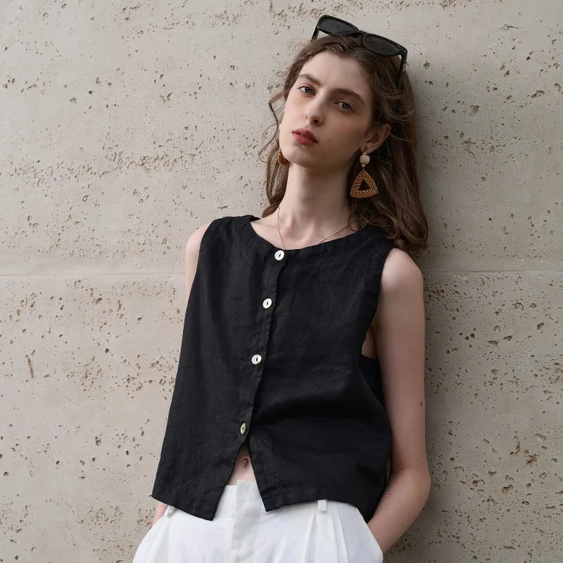 Morgan & Brooke | Natural Asymmetric Linen Crop Top