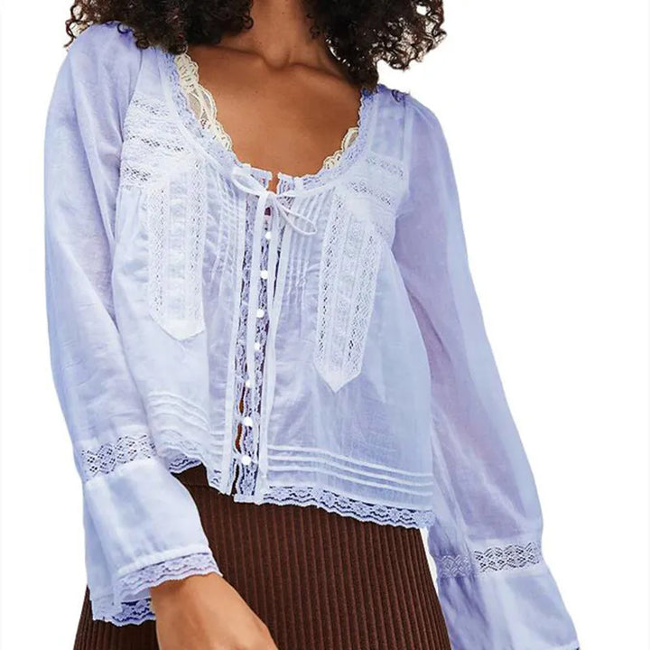 Morgan & Brooke | Ivory Lace-Trim Tie-Front Cotton Blouse