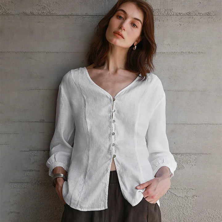 Morgan & Brooke | Fitted V-Neck Linen Blouse