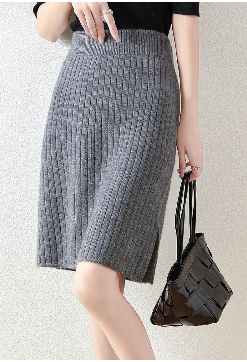 Morgan & Brooke | Ribbed High-Waist Merino Wool Skirt