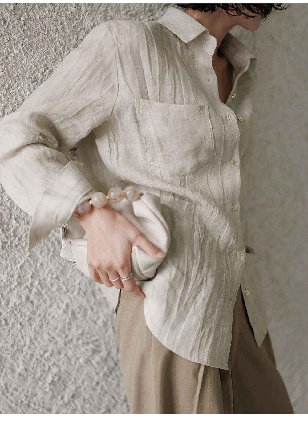 Morgan & Brooke | Natural Pleated Button-Up Linen Shirt