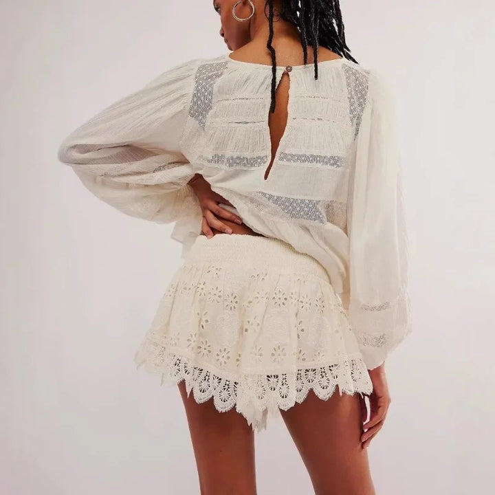 Morgan & Brooke | Ivory High-Waist Scalloped-Hem Lace Shorts