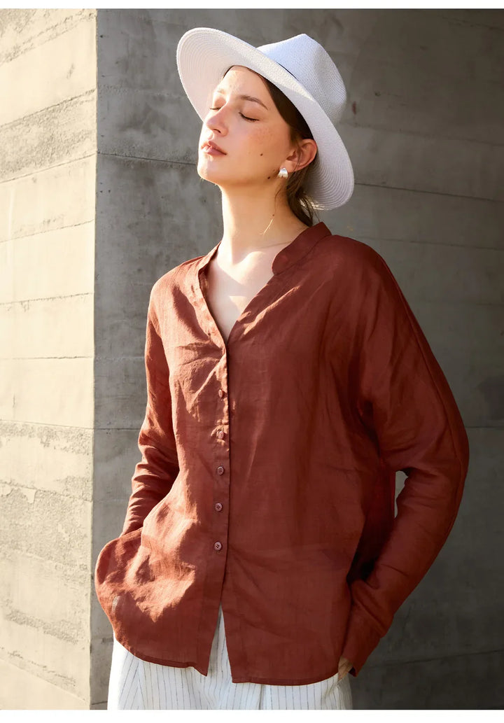 Morgan & Brooke | Natural Collarless V-Neck Linen Shirt
