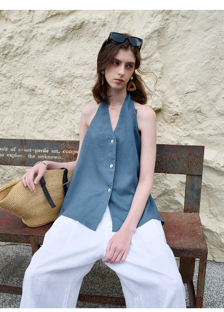 Morgan & Brooke | Natural Halter-Neck Waistcoat Cut Linen Top