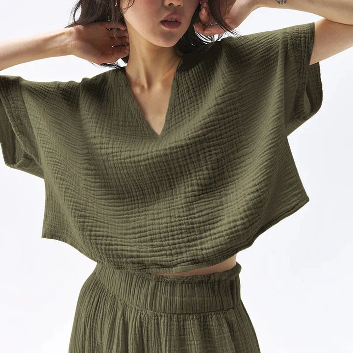Morgan & Brooke | Ivory Cropped V-Neck Gauze Tee