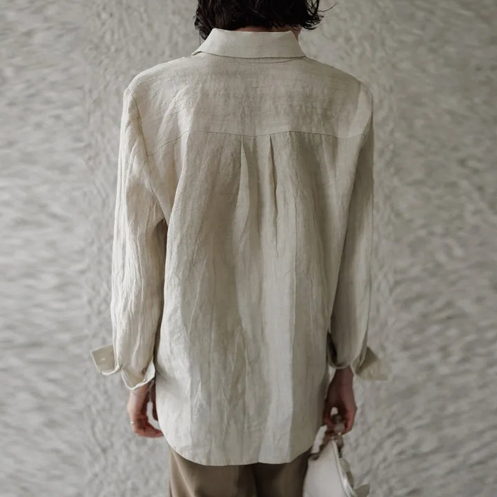 Morgan & Brooke | Natural Pleated Button-Up Linen Shirt