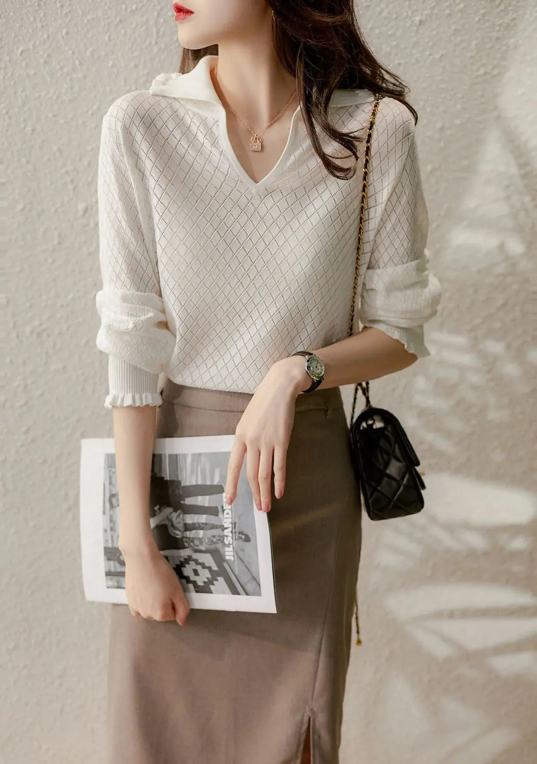 Morgan & Brooke | Ivory Diamond Pointelle Knit Top