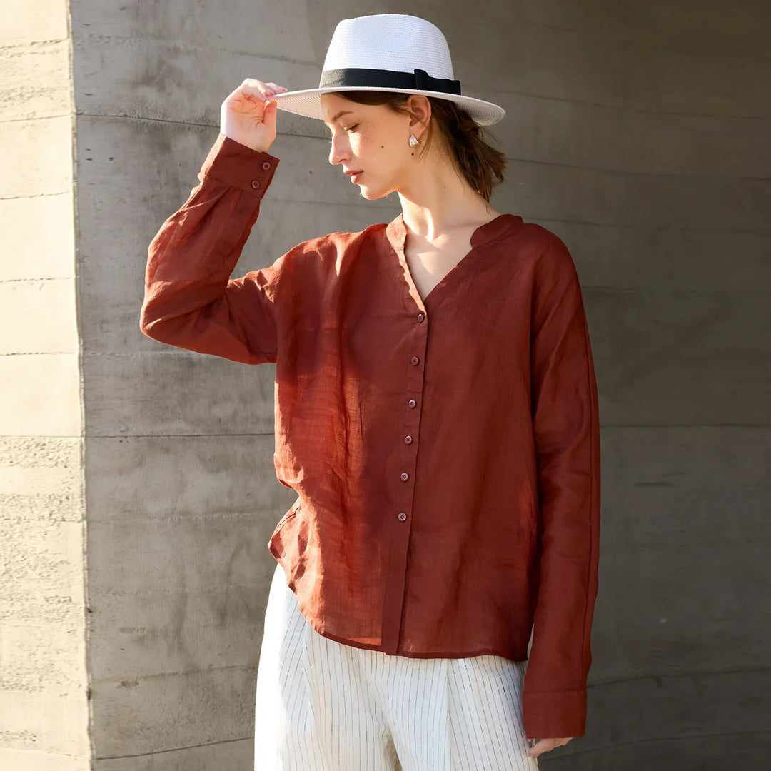 Morgan & Brooke | Natural Collarless V-Neck Linen Shirt