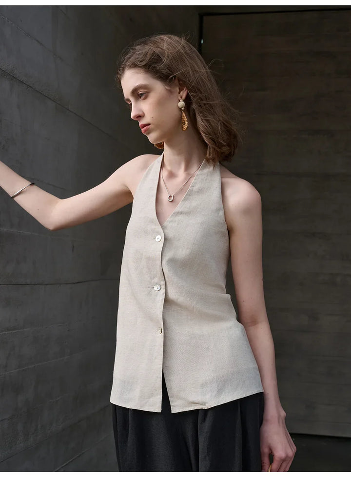 Morgan & Brooke | Natural Halter-Neck Waistcoat Cut Linen Top