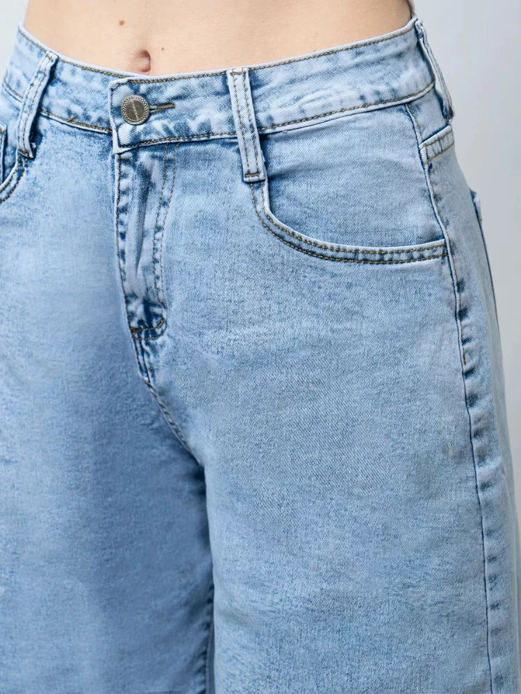 Morgan & Brooke | Blue High-Waist Frayed Hem Cotton Denim Shorts