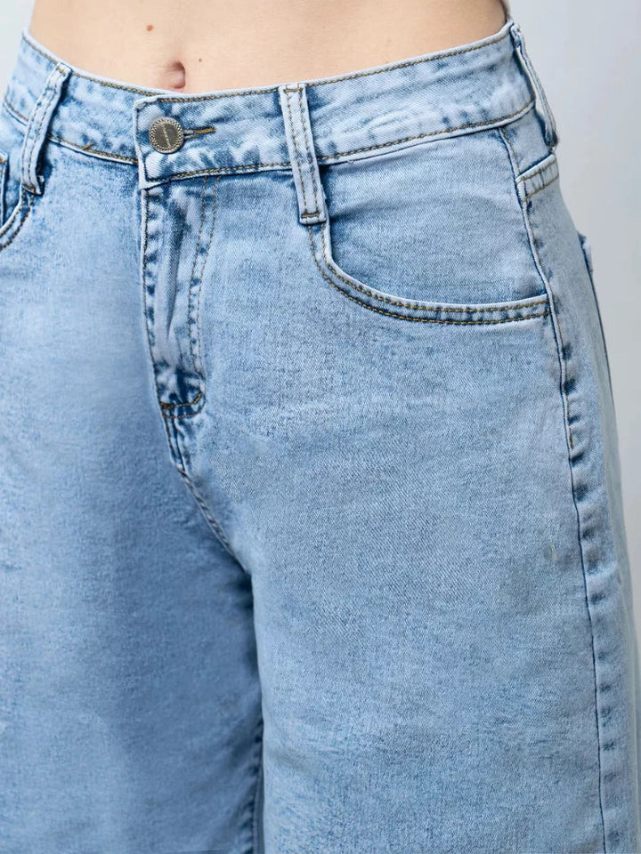 Morgan & Brooke | Blue High-Waist Frayed Hem Cotton Denim Shorts