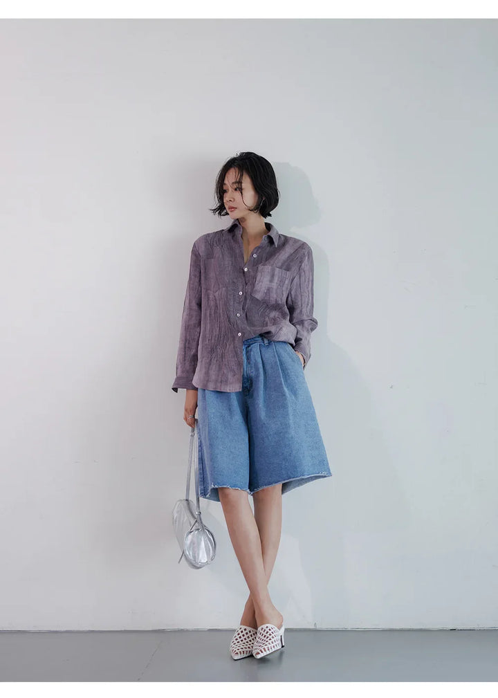 Morgan & Brooke | Natural Pleated Button-Up Linen Shirt