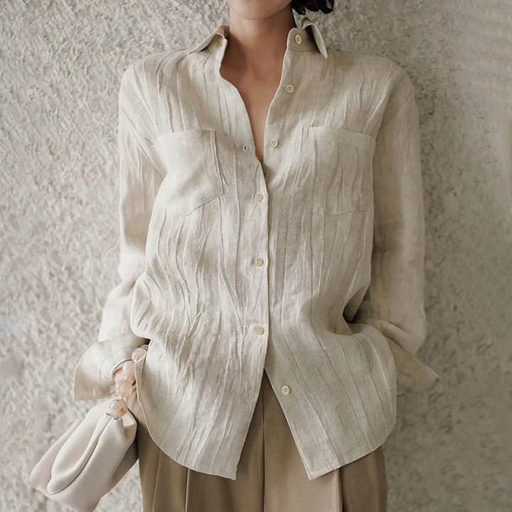 Morgan & Brooke | Natural Pleated Button-Up Linen Shirt