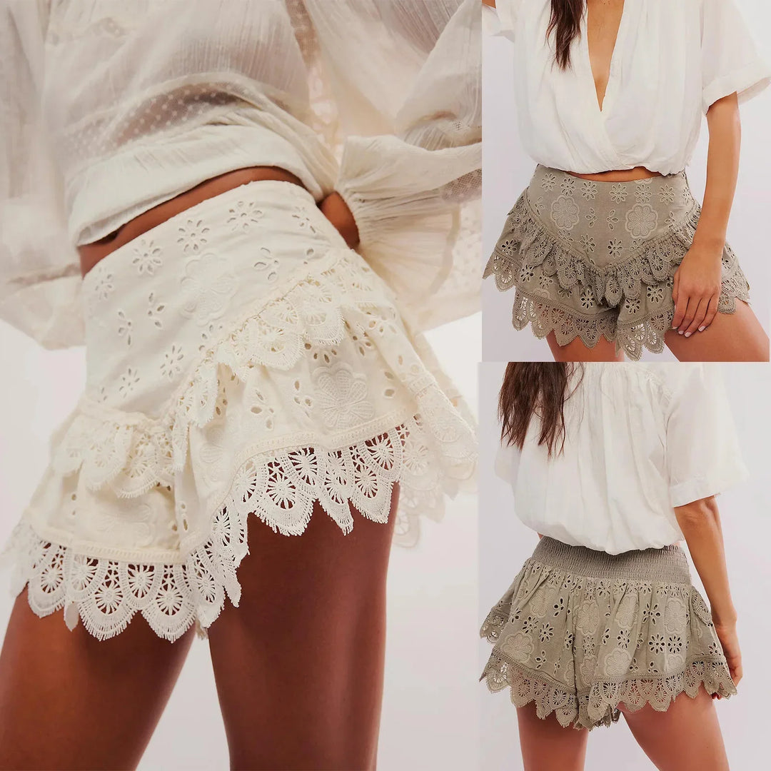 Morgan & Brooke | Ivory High-Waist Scalloped-Hem Lace Shorts