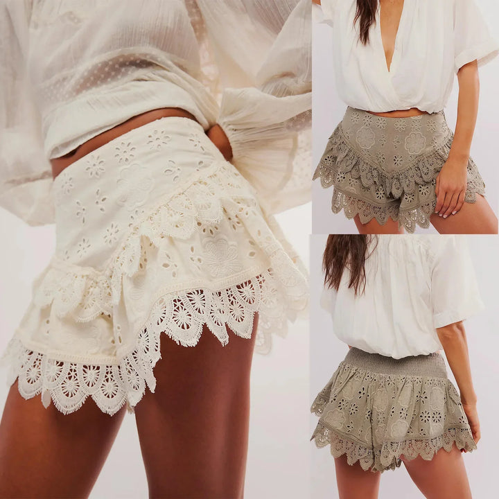 Morgan & Brooke | Ivory High-Waist Scalloped-Hem Lace Shorts