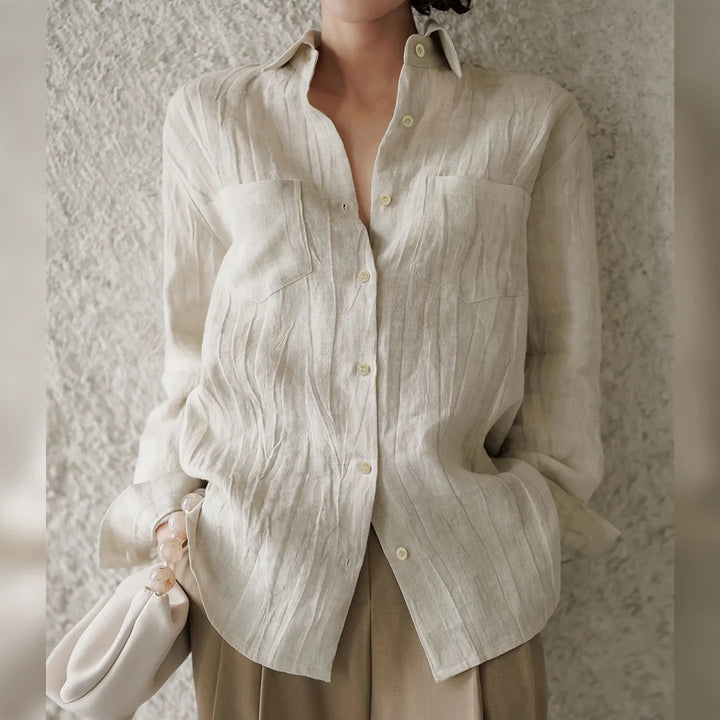 Morgan & Brooke | Natural Pleated Button-Up Linen Shirt