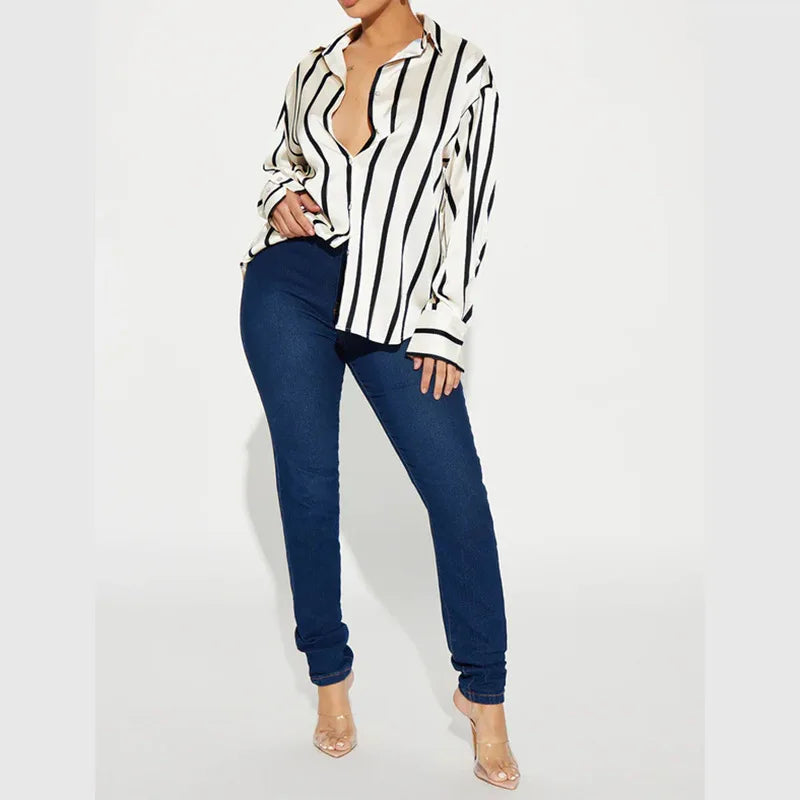 Morgan & Brooke | Striped Satin Button-Up Shirt
