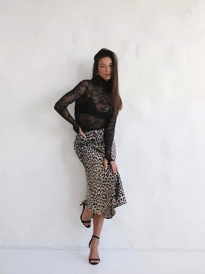 Morgan & Brooke | Leopard Print Midi Satin Skirt