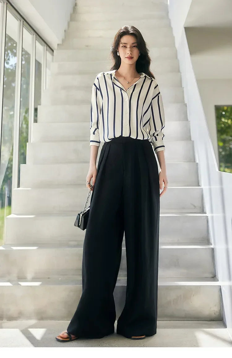 Morgan & Brooke | Blue Striped Long-Sleeve Satin Blouse