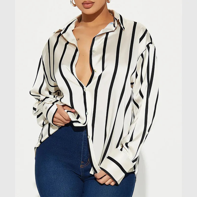 Morgan & Brooke | Striped Satin Button-Up Shirt