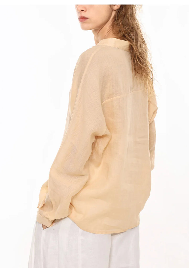Morgan & Brooke | Natural Collarless V-Neck Linen Shirt