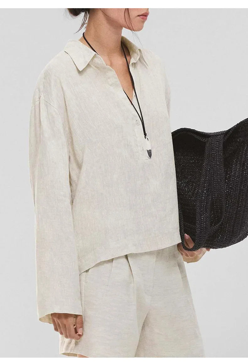 Morgan & Brooke | Natural Polo Collar Relaxed Fit Linen Pullover
