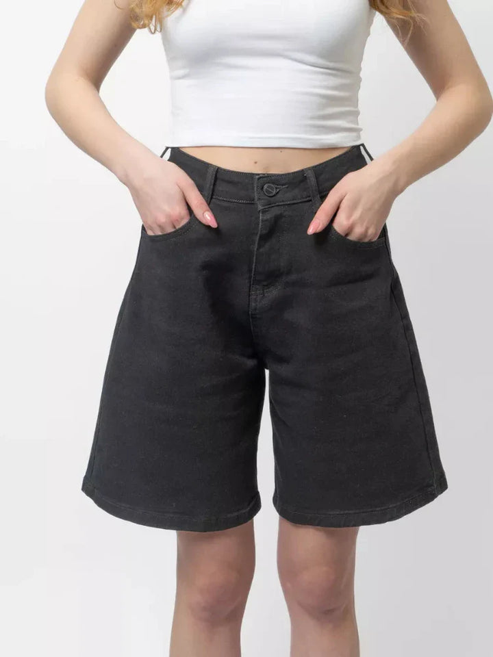 Morgan & Brooke | Blue High-Waist Frayed Hem Cotton Denim Shorts