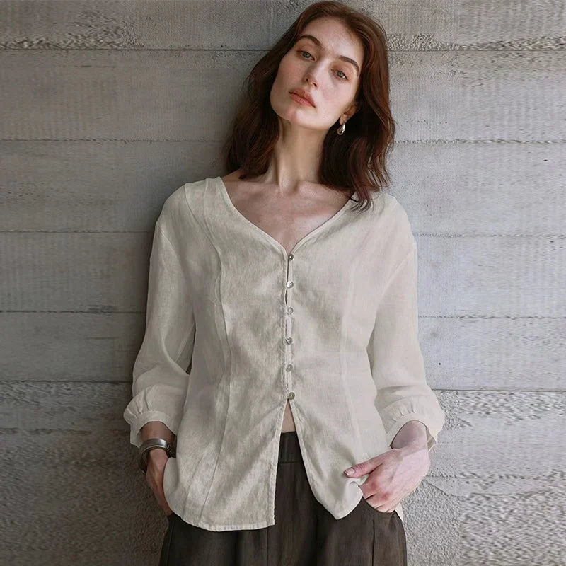 Morgan & Brooke | Fitted V-Neck Linen Blouse