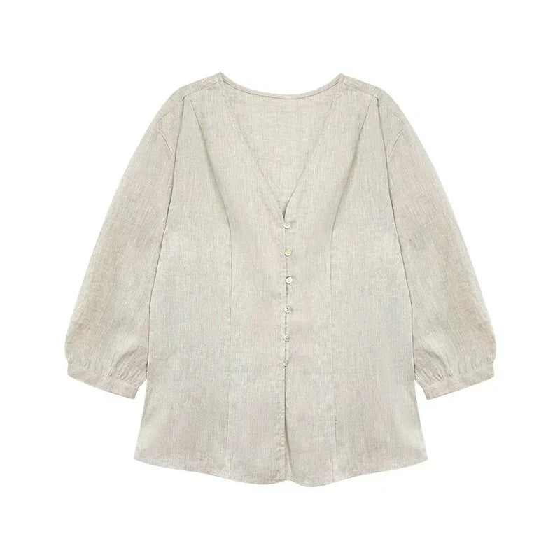 Morgan & Brooke | Fitted V-Neck Linen Blouse