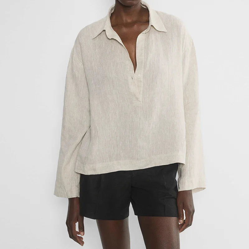 Morgan & Brooke | Natural Polo Collar Relaxed Fit Linen Pullover