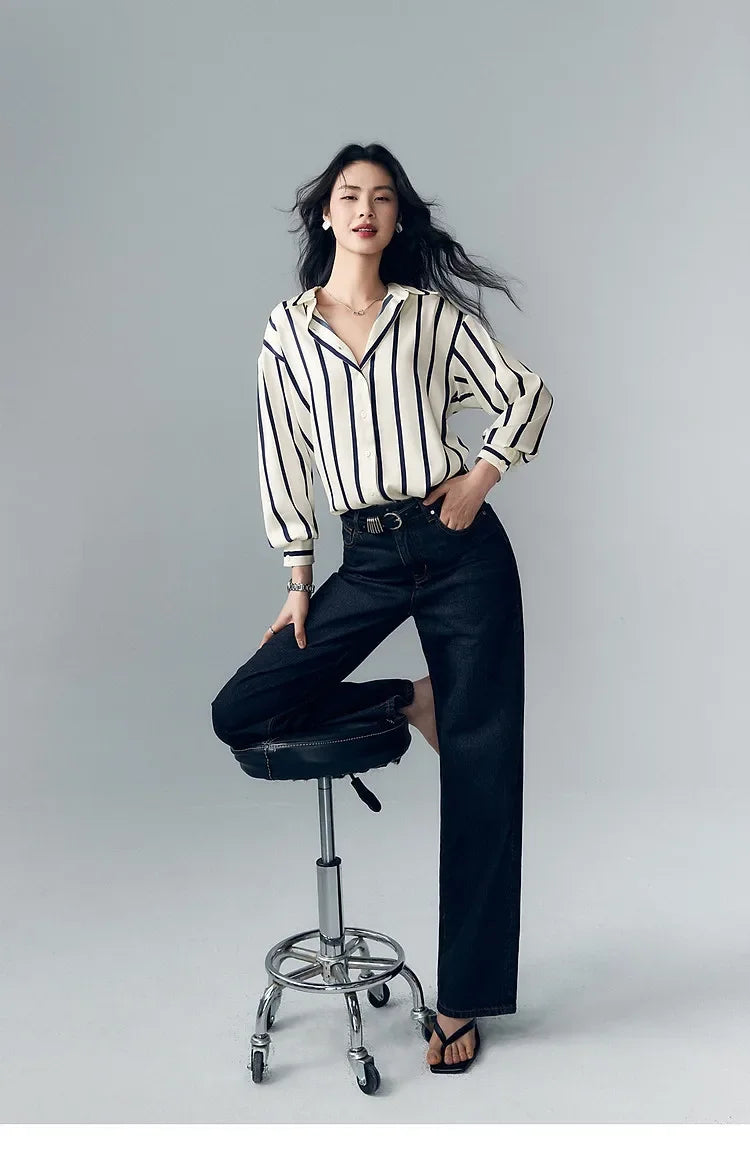 Morgan & Brooke | Blue Striped Long-Sleeve Satin Blouse