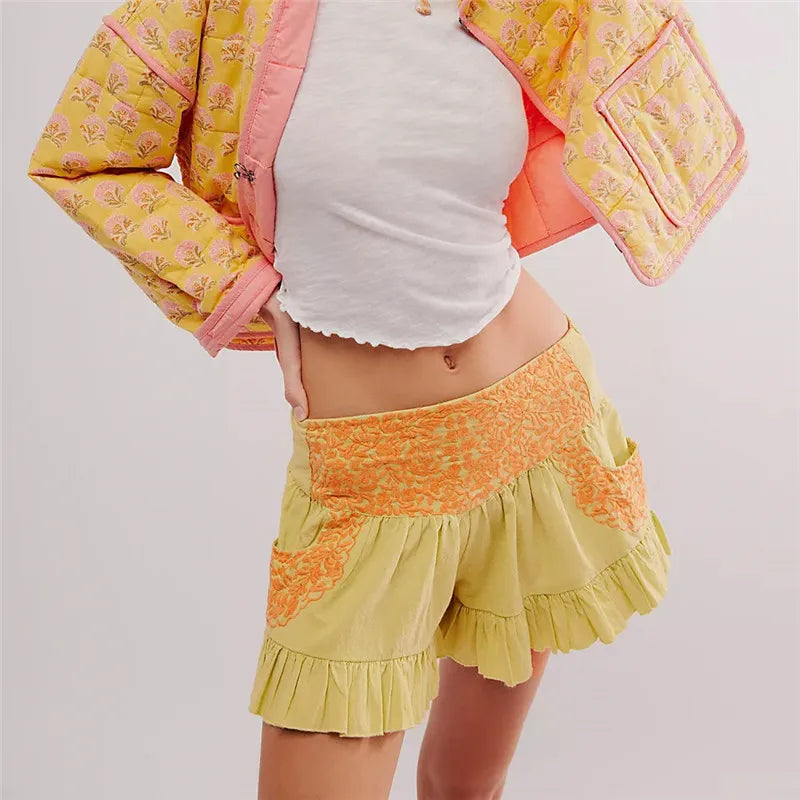 Morgan & Brooke | Embroidered Ruffle Pocket Cotton Shorts