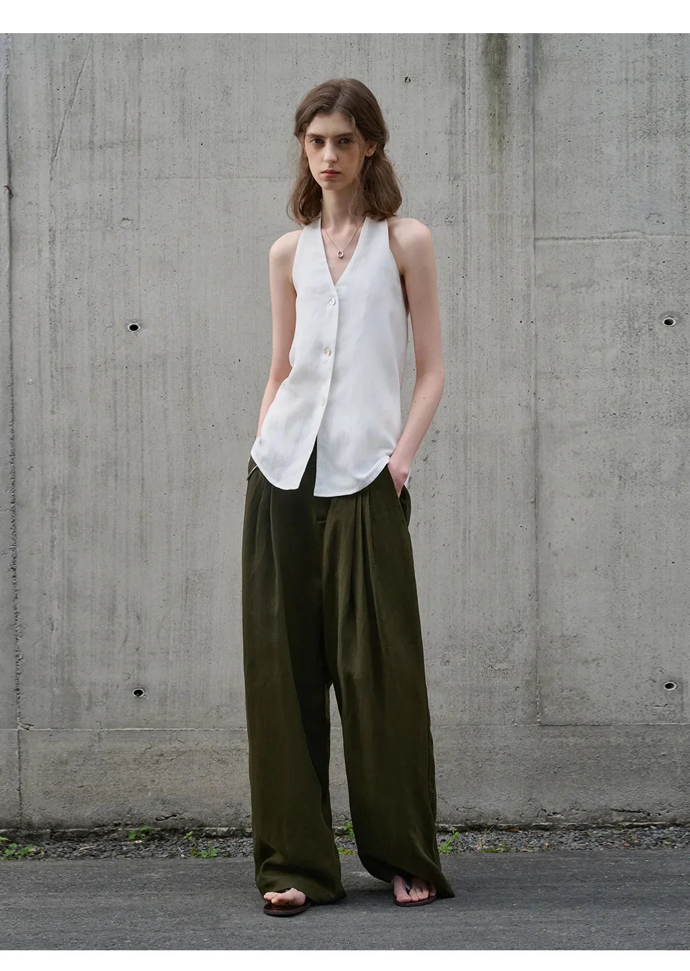 Morgan & Brooke | Natural Halter-Neck Waistcoat Cut Linen Top