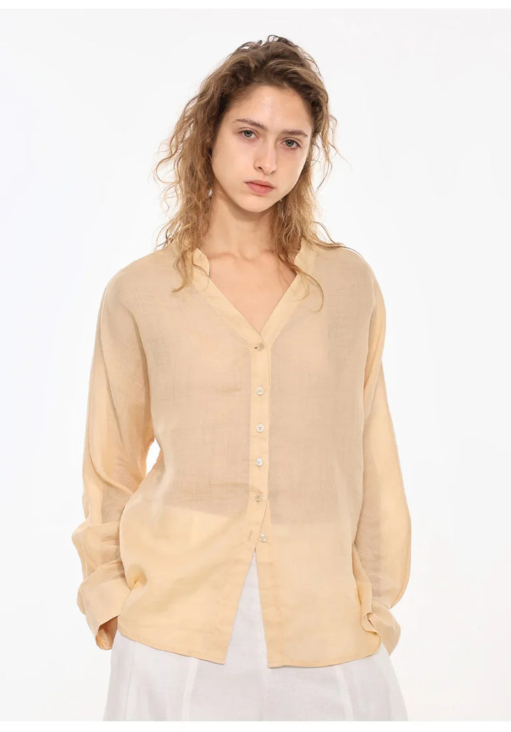 Morgan & Brooke | Natural Collarless V-Neck Linen Shirt