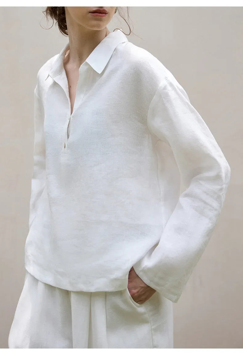 Morgan & Brooke | Natural Polo Collar Relaxed Fit Linen Pullover
