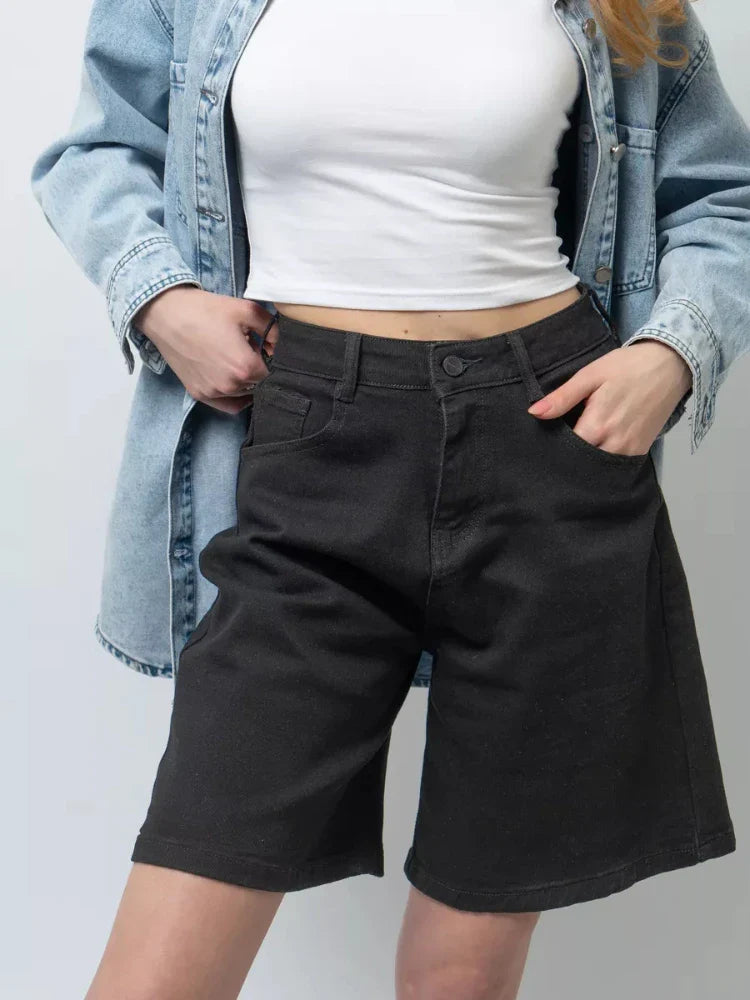 Morgan & Brooke | Blue High-Waist Frayed Hem Cotton Denim Shorts