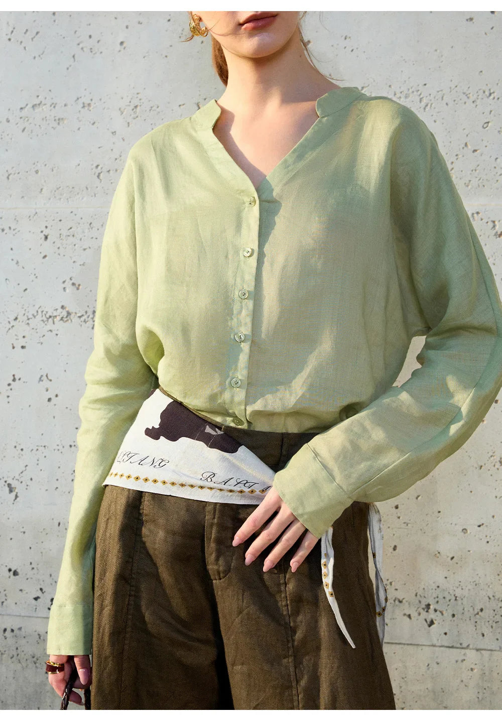 Morgan & Brooke | Natural Collarless V-Neck Linen Shirt