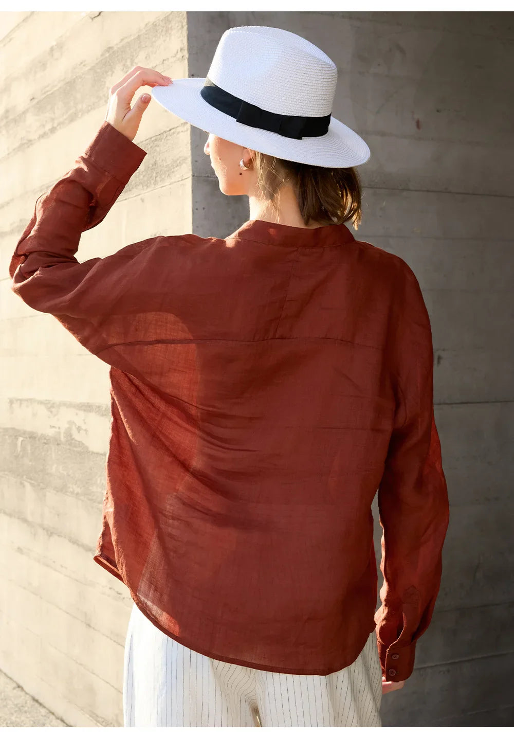 Morgan & Brooke | Natural Collarless V-Neck Linen Shirt