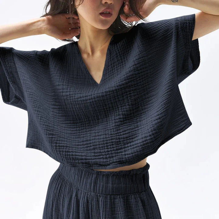 Morgan & Brooke | Ivory Cropped V-Neck Gauze Tee