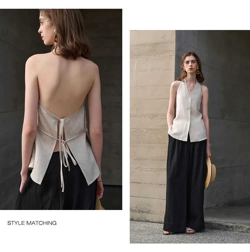 Morgan & Brooke | Natural Halter-Neck Waistcoat Cut Linen Top