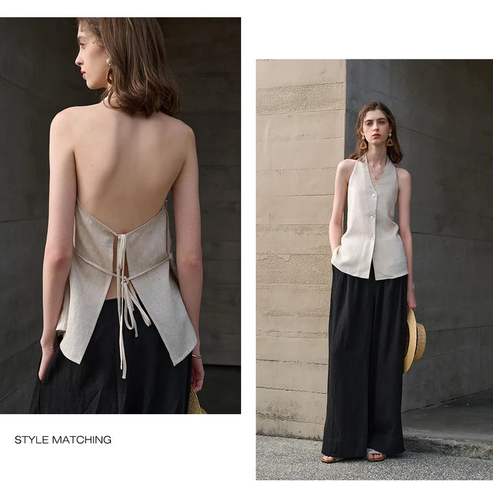 Morgan & Brooke | Natural Halter-Neck Waistcoat Cut Linen Top
