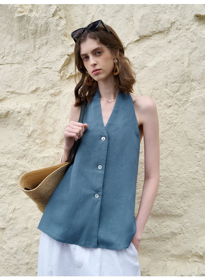 Morgan & Brooke | Natural Halter-Neck Waistcoat Cut Linen Top