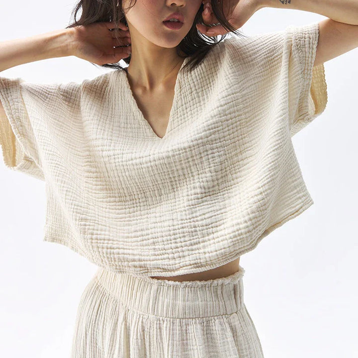 Morgan & Brooke | Ivory Cropped V-Neck Gauze Tee