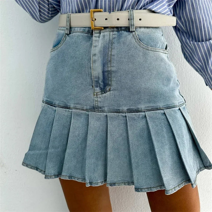 Morgan & Brooke | Indigo Pleated High-Waist Cotton Denim Skirt